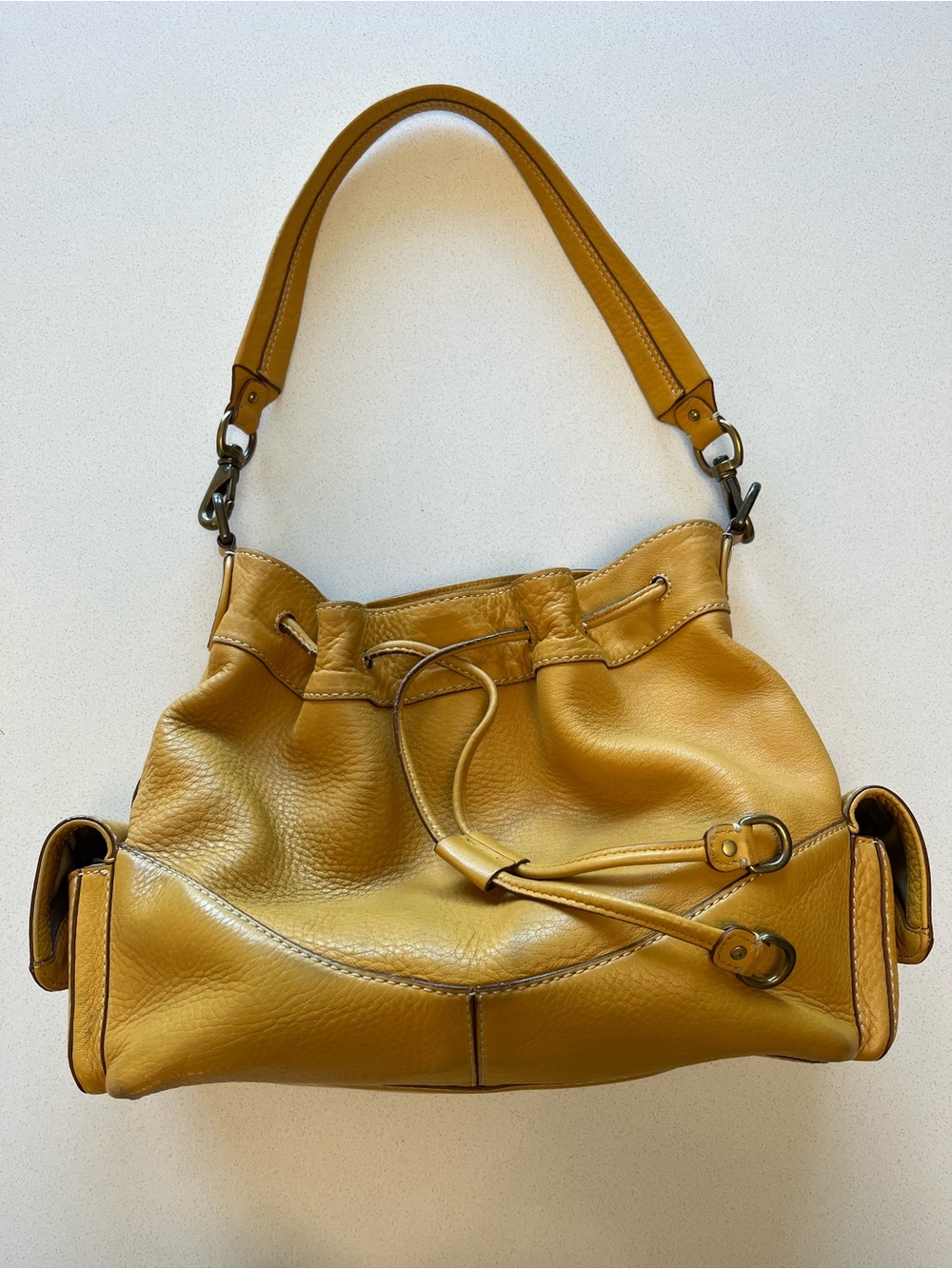 Cole Haan Mustard Leather Drawstring Shoulder Bag - Picture 1 of 14